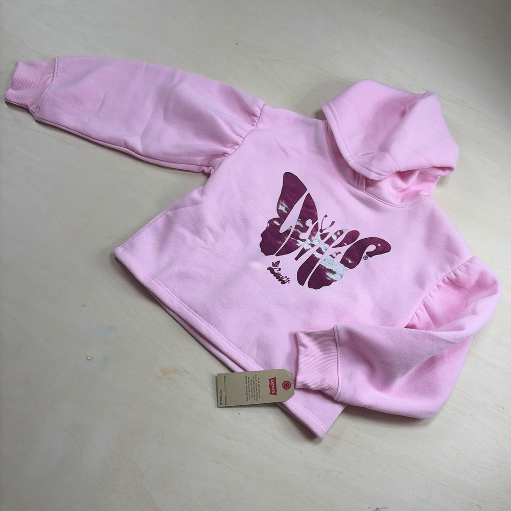 Levis Girls Pink Butterfly Graphic Puff Sleeve Cropped Hoodie Size S8-10 Yrs NEW